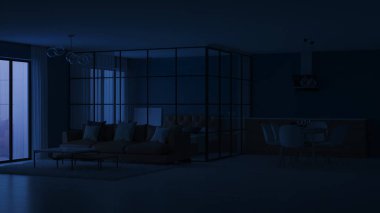 Modern ev iç. Cam bölmeler yatak odası. İyi geceler. Akşam aydınlatma. 3D render.