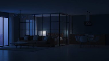 Modern ev iç. Cam bölmeler yatak odası. İyi geceler. Akşam aydınlatma. 3D render.