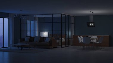 Modern ev iç. Cam bölmeler yatak odası. İyi geceler. Akşam aydınlatma. 3D render.