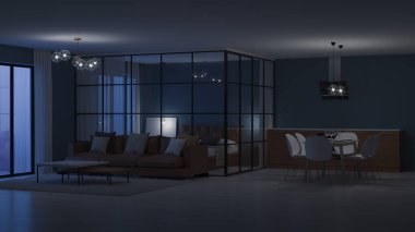 Modern ev iç. Cam bölmeler yatak odası. İyi geceler. Akşam aydınlatma. 3D render.