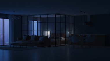 Modern ev iç. Cam bölmeler yatak odası. İyi geceler. Akşam aydınlatma. 3D render.