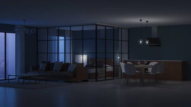 Modern ev iç. Cam bölmeler yatak odası. İyi geceler. Akşam aydınlatma. 3D render.