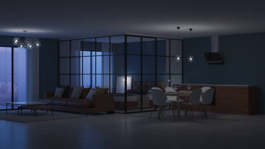 Modern ev iç. Cam bölmeler yatak odası. İyi geceler. Akşam aydınlatma. 3D render.