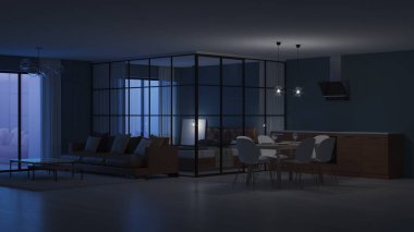 Modern ev iç. Cam bölmeler yatak odası. İyi geceler. Akşam aydınlatma. 3D render.