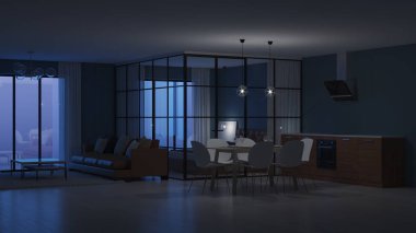 Modern ev iç. Cam bölmeler yatak odası. İyi geceler. Akşam aydınlatma. 3D render.