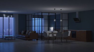 Modern ev iç. Cam bölmeler yatak odası. İyi geceler. Akşam aydınlatma. 3D render.