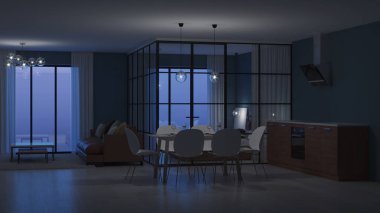 Modern ev iç. Cam bölmeler yatak odası. İyi geceler. Akşam aydınlatma. 3D render.