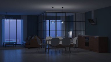 Modern ev iç. Cam bölmeler yatak odası. İyi geceler. Akşam aydınlatma. 3D render.