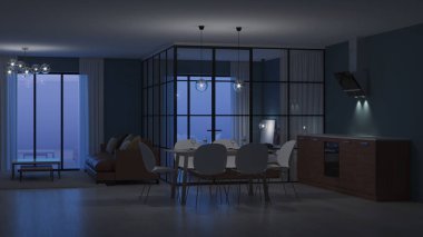 Modern ev iç. Cam bölmeler yatak odası. İyi geceler. Akşam aydınlatma. 3D render.