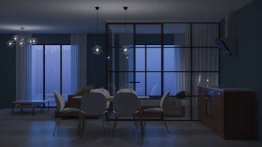 Modern ev iç. Cam bölmeler yatak odası. İyi geceler. Akşam aydınlatma. 3D render.