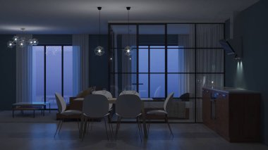 Modern ev iç. Cam bölmeler yatak odası. İyi geceler. Akşam aydınlatma. 3D render.