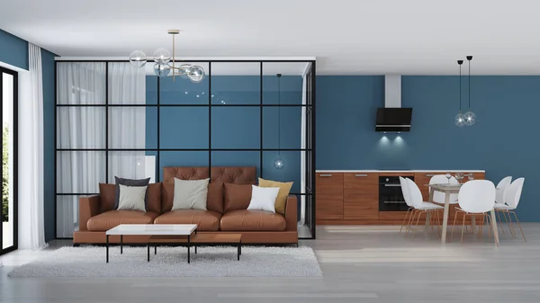 Interior Casa Moderna Dormitorio Con Tabiques Cristal Renderizado — Foto de Stock