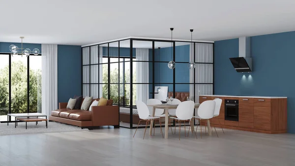 Interior Casa Moderna Dormitorio Con Tabiques Cristal Renderizado —  Fotos de Stock