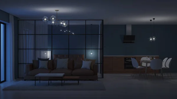 Interior Casa Moderna Dormitorio Con Tabiques Cristal Buenas Noches Iluminación — Foto de Stock