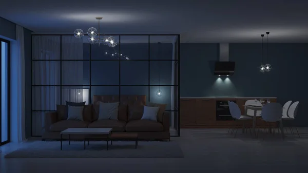 Modern house interior. Bedroom with glass partitions.  Night. Evening lighting. 3D rendering.