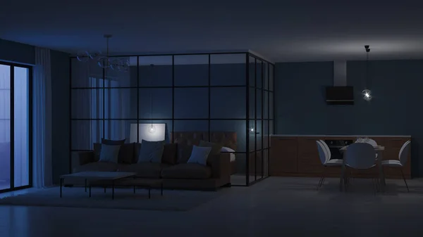 Modern Huis Interieur Slaapkamer Met Glazen Wanden Nacht Avonds Verlichting — Stockfoto