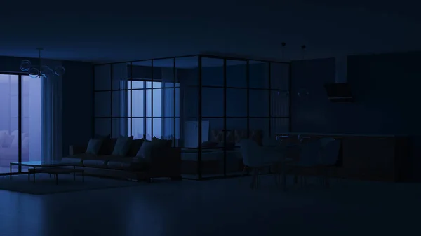 现代的房子内部 带玻璃隔板的卧室 晚间照明 — 图库照片