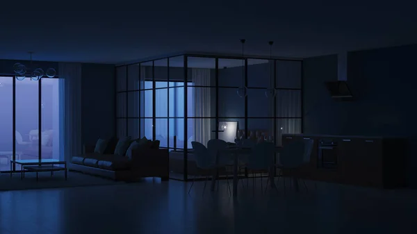 Interiér Moderní Dům Ložnice Skleněné Výplně Noc Večerní Osvětlení Vykreslování — Stock fotografie
