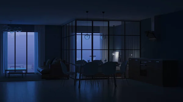 モダンな家のインテリア ガラスのパーティションでベッドルーム 夜の照明 レンダリング — ストック写真