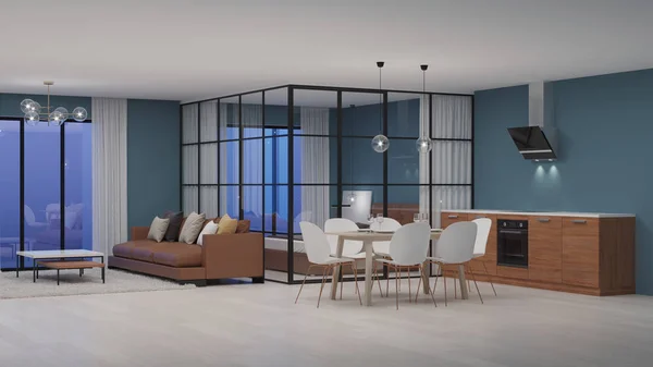 Moderna Hus Invändigt Sovrum Med Glaspartier Natt Kvällen Belysning Rendering — Stockfoto