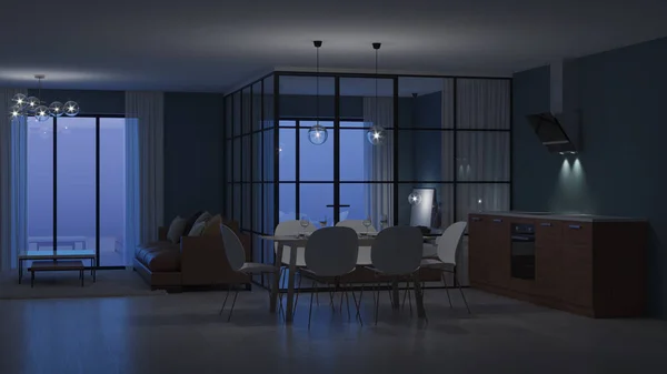 现代的房子内部 带玻璃隔板的卧室 晚间照明 — 图库照片