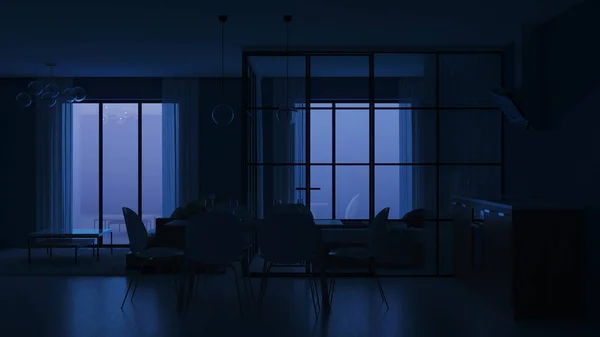 Interior Rumah Modern Kamar Tidur Dengan Partisi Kaca Selamat Malam — Stok Foto