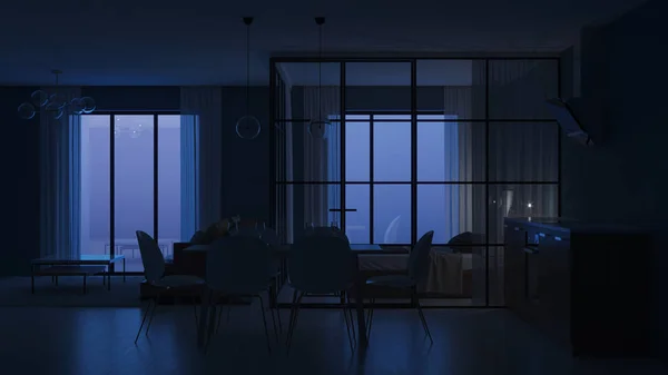 Σύγχρονο Σπίτι Εσωτερικό Υπνοδωμάτιο Γυάλινα Χωρίσματα Βράδυ Φωτισμός Βράδυ Rendering — Φωτογραφία Αρχείου