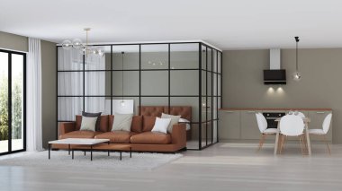Modern ev iç. Cam bölmeler yatak odası. 3D render.