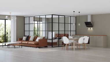 Modern ev iç. Cam bölmeler yatak odası. 3D render.