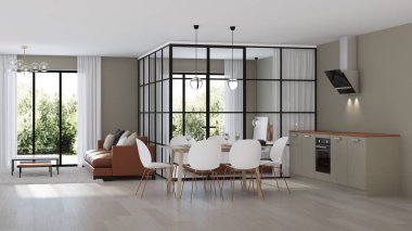 Modern ev iç. Cam bölmeler yatak odası. 3D render.