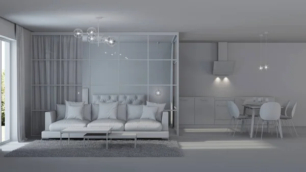 Interior Casa Moderna Dormitorio Con Tabiques Cristal Interior Gris Renderizado — Foto de Stock