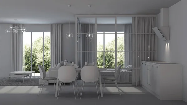 Interior Casa Moderna Dormitorio Con Tabiques Cristal Interior Gris Renderizado — Foto de Stock