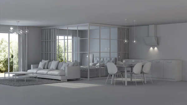 Interior Casa Moderna Dormitorio Con Tabiques Cristal Interior Gris Renderizado — Foto de Stock