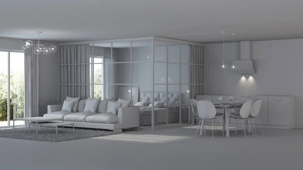 Interior Casa Moderna Dormitorio Con Tabiques Cristal Interior Gris Renderizado —  Fotos de Stock