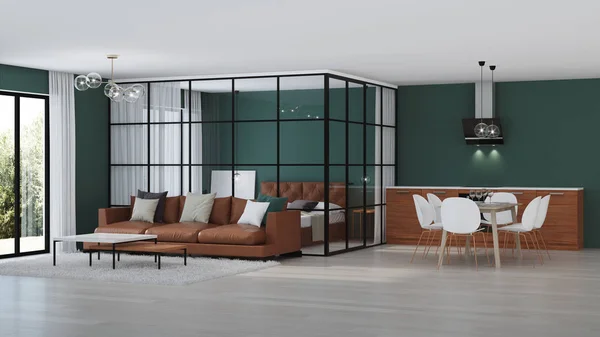 Interior Casa Moderna Quarto Com Divisórias Vidro Renderização — Fotografia de Stock