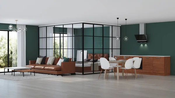 Interior Casa Moderna Dormitorio Con Tabiques Cristal Renderizado —  Fotos de Stock
