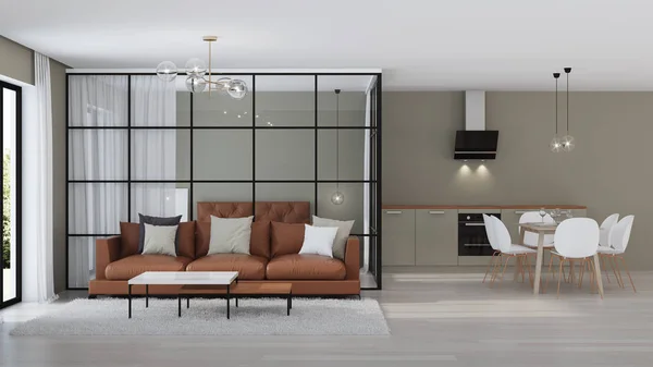 Modern Huis Interieur Slaapkamer Met Glazen Wanden Rendering — Stockfoto