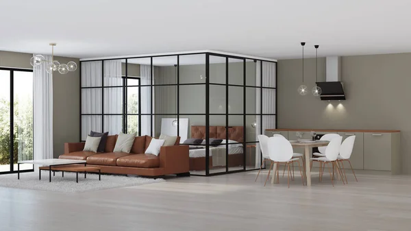 Modern House Interior Bedroom Glass Partitions Rendering — Stock Photo, Image