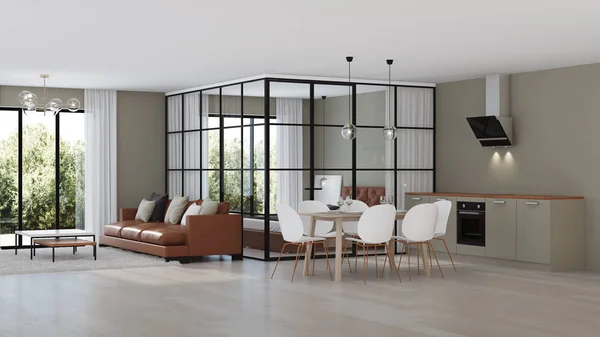 Interior Casa Moderna Quarto Com Divisórias Vidro Renderização — Fotografia de Stock