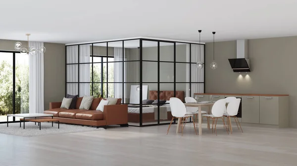 Moderna Hus Invändigt Sovrum Med Glaspartier Rendering — Stockfoto