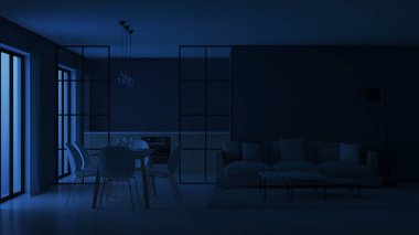 Modern ev iç. Mutfak cam bölmeler arkasında. İyi geceler. Akşam aydınlatma. 3D render.