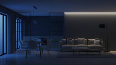 Modern ev iç. Mutfak cam bölmeler arkasında. İyi geceler. Akşam aydınlatma. 3D render.