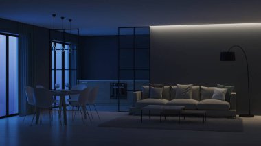 Modern ev iç. Mutfak cam bölmeler arkasında. İyi geceler. Akşam aydınlatma. 3D render.