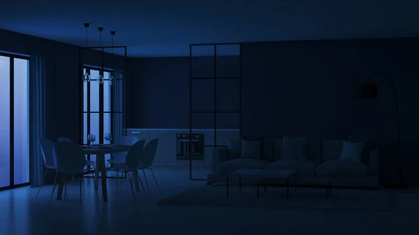 Moderna Hus Invändigt Kök Bakom Glaspartier Natt Kvällen Belysning Rendering — Stockfoto