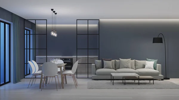 Modern Huis Interieur Keuken Achter Glazen Wanden Nacht Avonds Verlichting — Stockfoto