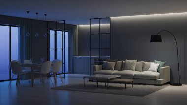 Modern ev iç. Mutfak cam bölmeler arkasında. İyi geceler. Akşam aydınlatma. 3D render.