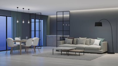 Modern ev iç. Mutfak cam bölmeler arkasında. İyi geceler. Akşam aydınlatma. 3D render.