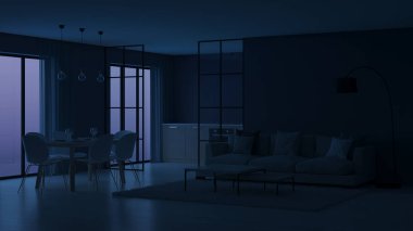 Modern ev iç. Mutfak cam bölmeler arkasında. İyi geceler. Akşam aydınlatma. 3D render.