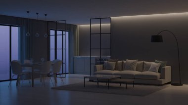 Modern ev iç. Mutfak cam bölmeler arkasında. İyi geceler. Akşam aydınlatma. 3D render.