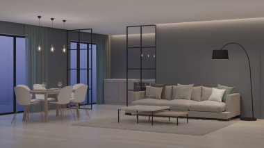 Modern ev iç. Mutfak cam bölmeler arkasında. İyi geceler. Akşam aydınlatma. 3D render.